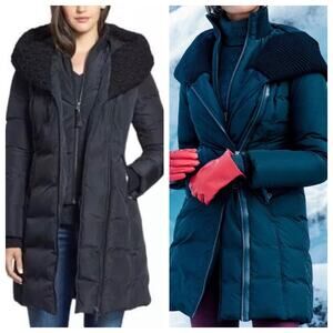 Mackage Brigid Black Down Puffer Coat XS Knit Collar Leather Trim Long Winter